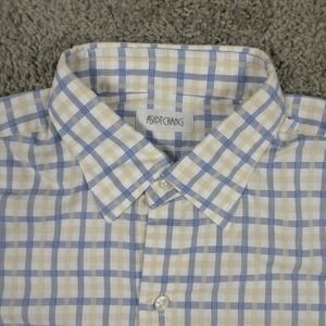 Ascot Chang Shirt Mens Large Blue Beige Tattersall Custom Button Up Collared